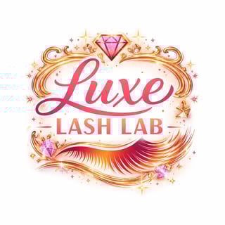 Luxe Lash Bar logo with pink diamond and ornate gold frame